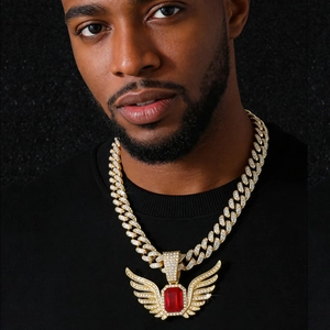 Men Hip-Hop Wings Pendant Necklace Zinc Alloy Rhinestone Paved Rectangular Gemstone Gold Silver Cuban Chain Jewelry