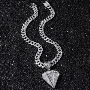 Iced out hip hop Cuban chain necklace with large sparkling diamond-shaped pendant