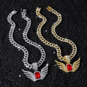 Hip hop iced out cuban chain necklace with red gem wing pendant in gold and silver