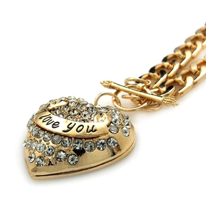 Goldener Herzanhänger mit Strasssteinen und 'Love you' Gravur an einer Gliederkette