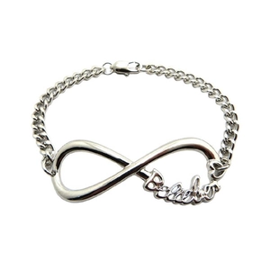 Silver infinity symbol bracelet with Believer engraving and sturdy Cuban chain design
