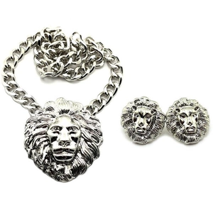 Silver lion head jewelry set featuring a chunky chain necklace and matching stud earrings