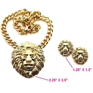 Golden lion head jewelry set featuring a chunky Cuban link necklace and stud earrings