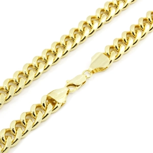 Macro shot of 12mm gold-plated Cuban link necklace showing lobster clasp and link texture