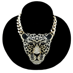 Hip Hop Leopard Head Pendant Necklace For Women Alloy Curb Chain Rhinestone Animal Charm Jewelry For Party Accessory