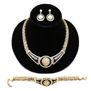 Vintage Legierung Löwenkopf Emaille Schmuck Für Damen Strass Eingelegte Halskette Armband Ohrringe Silberfarben Zubehör