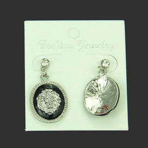 Lion head earrings with black enamel and rhinestones, front and back view silver alloy