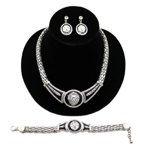 Vintage Silber Löwenkopf Schmuckset mit schwarzer Emaille Kette Armband und Ohrringen