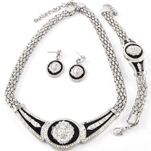 Retro-Schmuckset aus Silberlegierung mit Löwenkopf, schwarzem Emaille und Strasssteinen