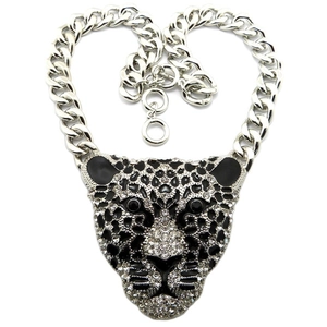 Sparkling leopard head pendant necklace with rhinestones and silver chain for women
