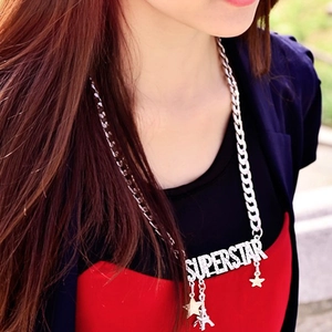 Hip hop superstar letter necklace with star and Eiffel Tower charms on chunky Cuban chain