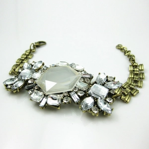 Vintage bronze alloy bracelet with large clear crystals and floral design for women