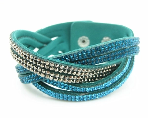 Braided multi-layer turquoise velvet bracelet with sparkling rhinestones and metal snaps