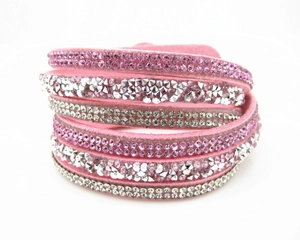 Pink multi-layer wrap bracelet with sparkling rhinestones on soft faux suede fabric