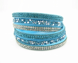Sky blue multilayer suede wrap bracelet with sparkling rhinestones for women