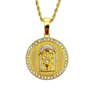 Hip Hop Men Gold Jesus Piece Round Pendant Necklace Alloy Iced Out Rhinestone Rope Chain Religious Fashion Jewelry Gift