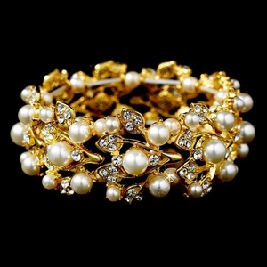 Vintage gold-plated cuff bracelet with clusters of white pearls and sparkling rhinestones