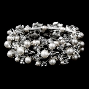 Vintage Alloy Faux Artificial Pearl Rhinestone Bangle Leaf Design Wedding Party Women Statement Bracelet Jewelry