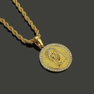 Hip hop gold plated rope chain necklace with a diamond-encrusted Jesus piece pendant