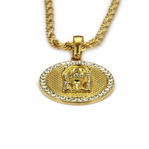 Hip hop style gold oval Jesus head pendant necklace with rhinestones and rope chain