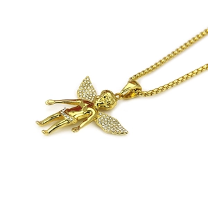 18K vergoldete Engel-Halskette mit funkelnden Diamanten und Box-Kette