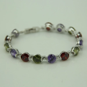 Elegant multi-color zircon tennis bracelet with red green and purple stones in silver finish