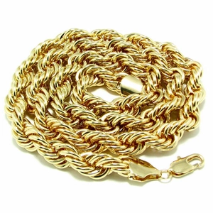 Polished 10mm thick gold rope chain necklace with secure lobster clasp on white surface