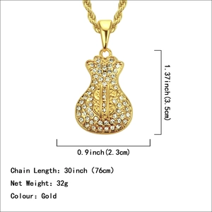 Collier hip hop sac d'argent avec chaîne dorée, signe dollar et strass brillants
