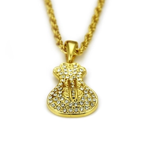 Collier hip hop sac d'argent doré avec diamants étincelants et pendentif signe dollar