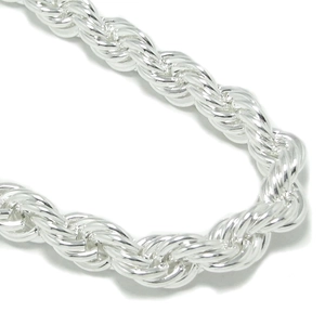 Macro shot of silver 10mm rope chain with twisted metallic texture and polished finish