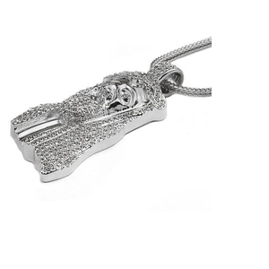 Collier hip hop pendentif tête de Jésus argenté serti de zircons avec chaîne tressée