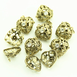 Vintage heart locket pendant with floral engraving and rhinestone for DIY jewelry