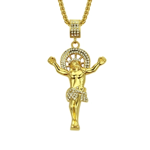 Hip Hop Jesus Piece Anhänger Halskette Iced Out Strass Legierung Gold Farbe Seilkette Für Herren Religiöser Schmuck Geschenk