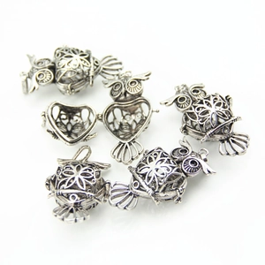Vintage owl-shaped hollow locket pendant in antique silver finish for DIY jewelry