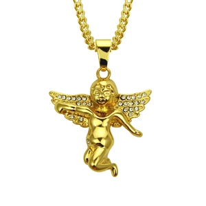 Collier pendentif ange doré avec ailes serties de cristaux et chaîne gourmette