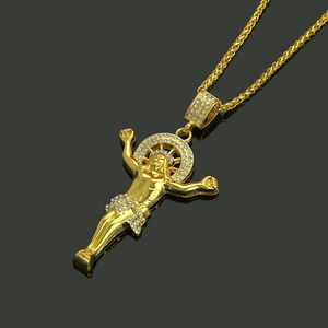 Religiöse Jesus-Anhänger-Halskette mit Goldbeschichtung und glänzenden Strasssteinen für Hip-Hop