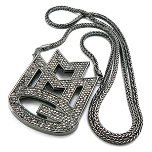 Hip-hop style crown pendant necklace with grey rhinestones in gunmetal finish
