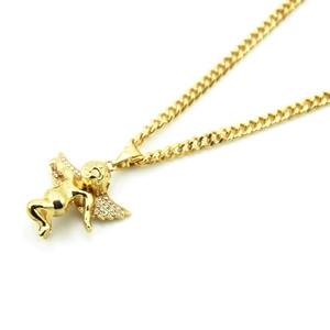 Collier pendentif ange hip-hop doré avec ailes en cristal sur chaîne cubaine épaisse