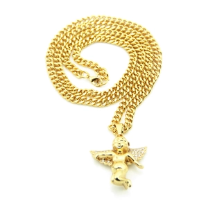 Detail of gold Cuban chain necklace with iced-out angel Cupid pendant in hip hop style