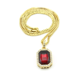 Hip-Hop-Halskette mit goldener Box-Kette und rechteckigem rotem Edelstein mit Zirkonia-Rand