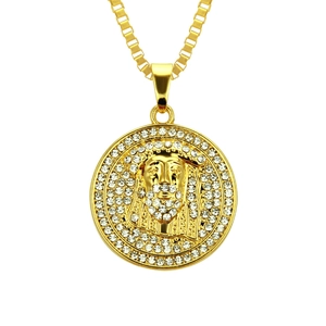Collier Pendentif Portrait de Jésus Hip Hop Givré pour Homme Alliage Plaqué Or Strass Médaillon Rond Chaîne Maille Miroir Bijoux