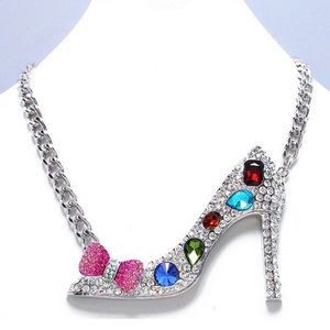 Sparkling stiletto heel pendant necklace with colorful gemstones and a pink bow