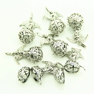 Antique silver angel wing locket pendants with hollow sphere and openable frame