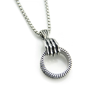Collier hip hop main de squelette vintage avec pendentif en argent et chaîne à mailles carrées