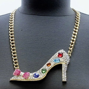 Chic high heel pendant necklace with colorful crystals and pink bow on gold chain