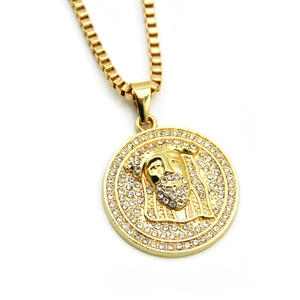Collier pendentif Jésus hip hop plaqué or avec strass et chaîne box pour hommes