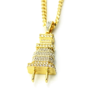 Hiphop iced out plug pendant necklace with shiny rhinestones and golden cuban link chain