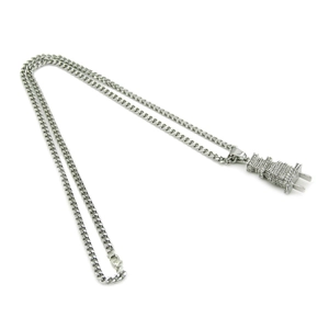 Detailed view of silver iced-out electric plug pendant with a classic Cuban chain