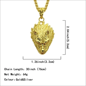 Wolf head pendant necklace in gold finish with detailed fur texture and heavy chain