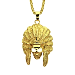Hip Hop Indian Chief Skull Feather Pendant Necklace Gold Plated Alloy Rhinestone Box Chain Fashion Jewelry For Men